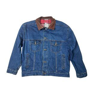 Vintage Marlboro Country Store Denim Jacket Leather Collar Plaid Lined Mens L